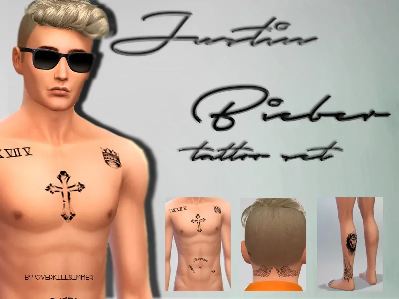 Justin Bieber’s neck, leg, and chest tattoos